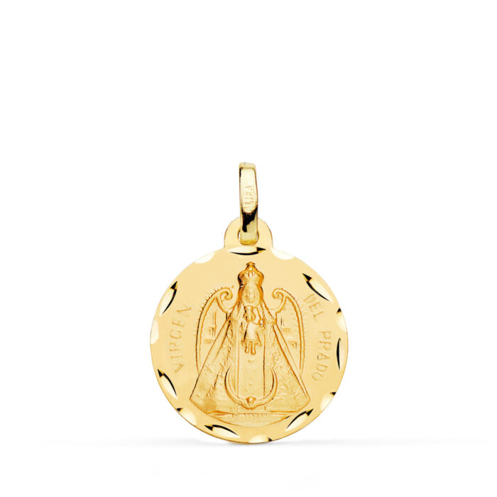 Medalla de la Virgen del Prado en oro amarillo de 18 quilates, 18 mm de diámetro, con relieve central matizado y borde exterior tallado brillante.