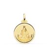 Medalla redonda de la Virgen de la Caridad del Cobre en oro amarillo de 18 quilates, 18 mm de diámetro, con relieve de la balsa y borde liso pulido brillante.