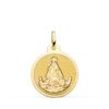 Medalla redonda de la Virgen de la Caridad del Cobre en oro amarillo de 18 quilates, 20 mm, con relieve de la balsa y los tres Juanes, y borde liso pulido brillante.