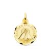Medalla pequeña de la Virgen de la Caridad del Cobre en oro amarillo de 18 quilates, 14 mm, con borde tallado brillante y centro matizado.