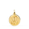 Medalla de la Virgen de Nuestra Señora del Coromoto en oro amarillo de 18 quilates, 18 mm de diámetro, con borde biselado tallado brillante y centro matizado.