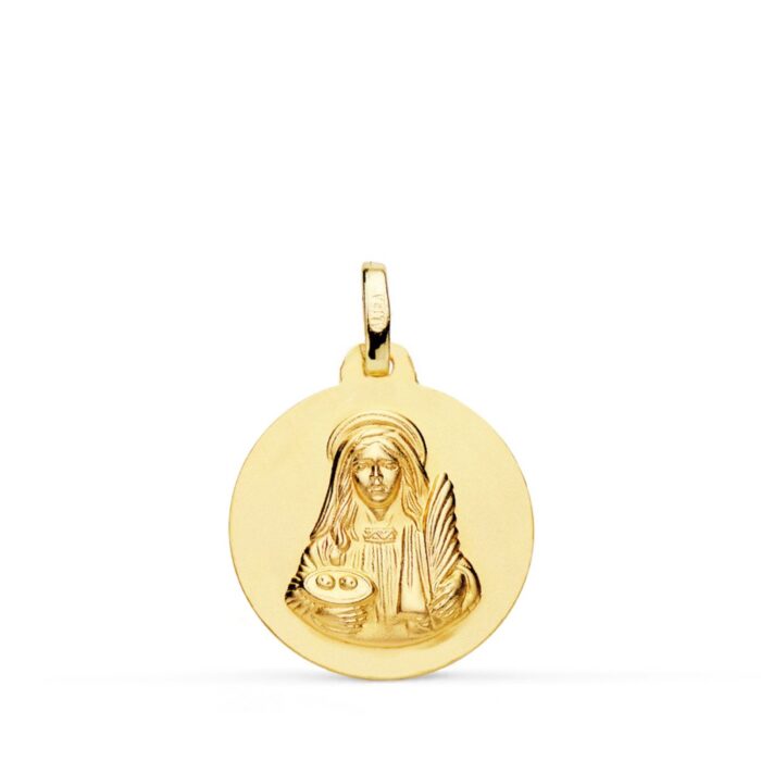 Medalla redonda de Santa Lucía en oro amarillo de 18 quilates, diámetro de 18 mm, con borde liso pulido y figura central de la santa en relieve matizado.