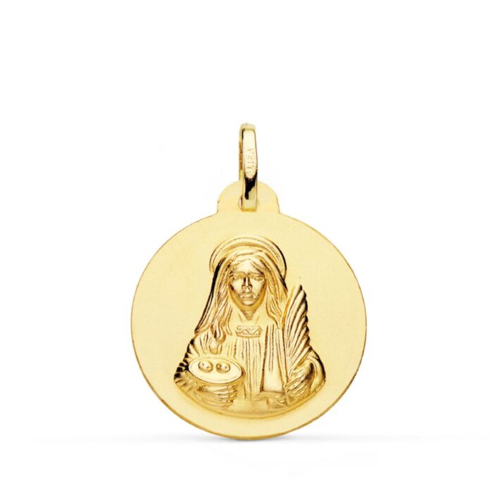 Medalla redonda de Santa Lucía en oro amarillo de 18 quilates, tamaño 22 mm, con cerco liso pulido y figura de la santa en relieve matizado.