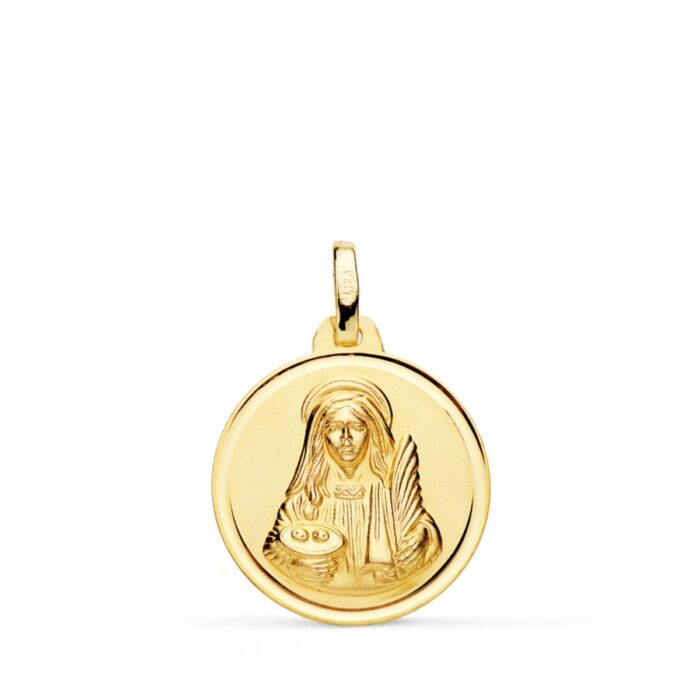 Medalla redonda de Santa Lucía en oro amarillo de 18 quilates, 18 mm de diámetro, con borde biselado liso y pulido, y figura central de la santa en relieve matizado.