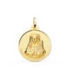 Medalla redonda de Santa Lucía en oro amarillo de 18 quilates, 22 mm de diámetro, con borde biselado liso y pulido, y figura central en relieve matizado.
