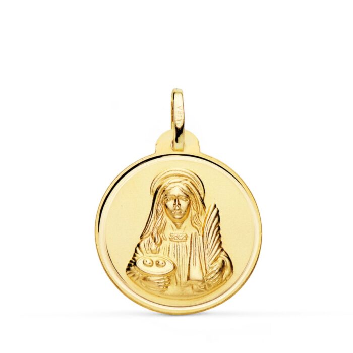 Medalla redonda de Santa Lucía en oro amarillo de 18 quilates, 22 mm de diámetro, con borde biselado liso y pulido, y figura central en relieve matizado.
