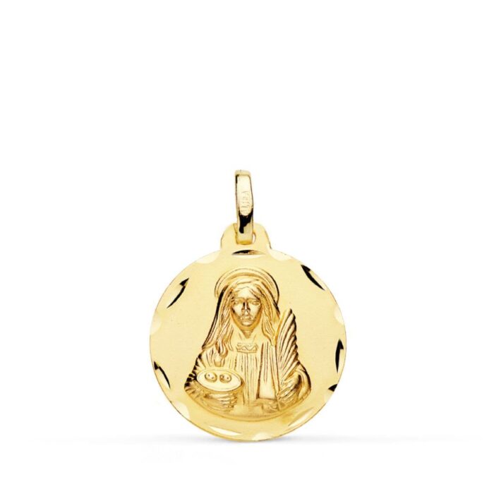 Medalla redonda de Santa Lucía en oro amarillo de 18 quilates, 18 mm de diámetro, con borde liso pulido y figura central de la santa en relieve matizado.