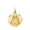 Medalla redonda de Santa Lucía en oro amarillo de 18 quilates, 22 mm de diámetro, con orla tallada brillante y figura central en relieve matizado.
