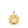 Medalla redonda de Santa Lucía en oro amarillo de 18 quilates, 18 mm de diámetro, con borde liso pulido brillante y figura central en relieve matizado.