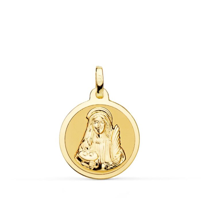 Medalla redonda de Santa Lucía en oro amarillo de 18 quilates, 18 mm de diámetro, con borde liso pulido brillante y figura central en relieve matizado.