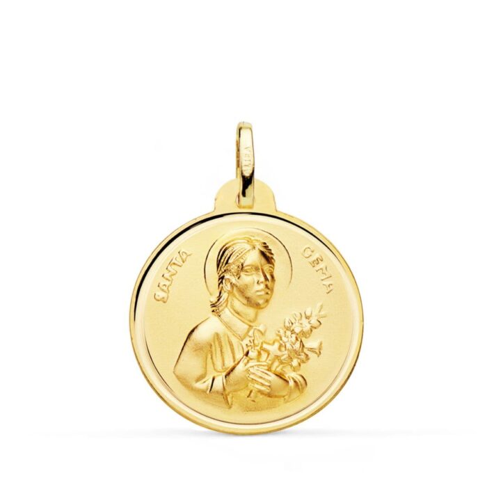 Medalla redonda de Santa Gema Galgani en oro amarillo de 18 quilates, 22 mm de diámetro, con borde biselado liso pulido y relieve central matizado.