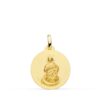 Medalla redonda de la Virgen Inmaculada en oro amarillo de 18 quilates, diámetro de 18 mm, con cerco liso brillante y figura central en relieve matizado.