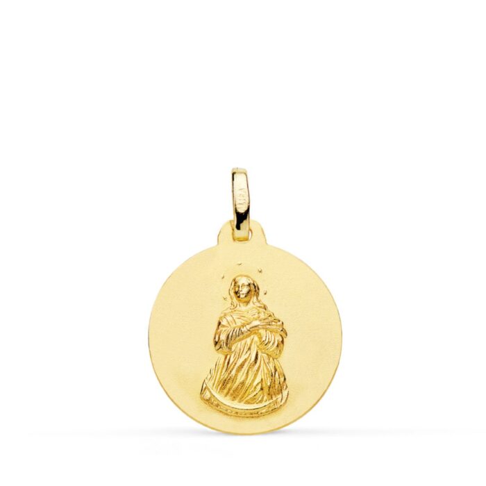 Medalla redonda de la Virgen Inmaculada en oro amarillo de 18 quilates, diámetro de 18 mm, con cerco liso brillante y figura central en relieve matizado.