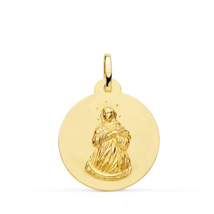 Medalla redonda de la Virgen Inmaculada en oro amarillo de 18 quilates, medida 22 mm, con borde liso pulido y figura central con acabado matizado.