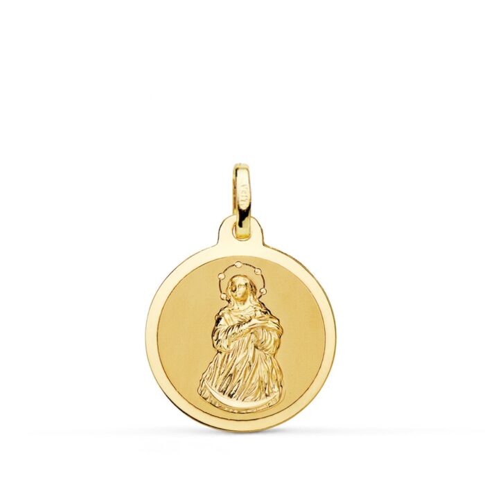 Medalla de la Virgen Inmaculada en oro amarillo de 18 quilates, 18 mm, con relieve central matizado satinado y borde exterior liso en acabado brillo espejo.