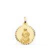 Medalla de la Virgen Inmaculada en oro amarillo de 18 quilates, 18 mm de diámetro, con borde decorativo de talla cruzada brillante y relieve central detallado.