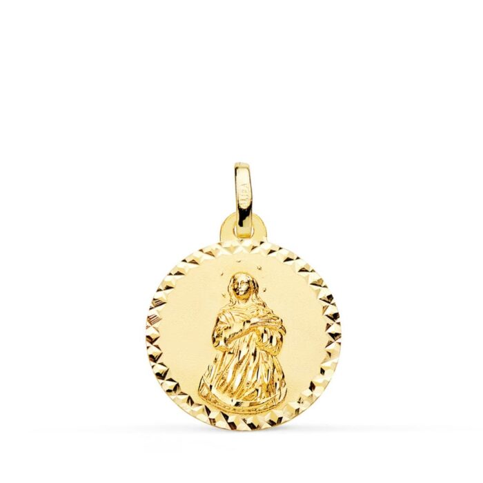 Medalla de la Virgen Inmaculada en oro amarillo de 18 quilates, 18 mm de diámetro, con borde decorativo de talla cruzada brillante y relieve central detallado.