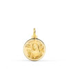 Medalla pequeña de Santa Rita en oro amarillo de 18 quilates, 14 mm de diámetro, con relieve detallado y bisel exterior facetado de alto brillo.