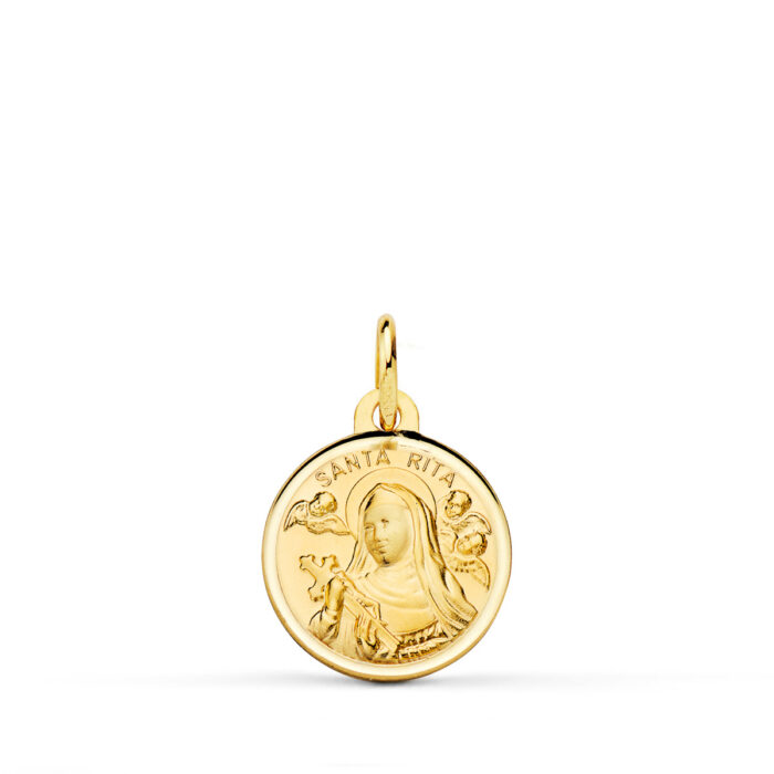 Medalla pequeña de Santa Rita en oro amarillo de 18 quilates, 14 mm de diámetro, con relieve detallado y bisel exterior facetado de alto brillo.
