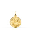 Medalla pequeña de Santa Rita en oro amarillo de 18 quilates, 16 mm de diámetro, con relieve central nítido y borde exterior liso con acabado pulido brillante.