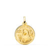 Medalla religiosa de Santa Rita en oro amarillo de 18 quilates, 18 mm de diámetro, con borde de filo pulido brillante y relieve central detallado de la Santa.