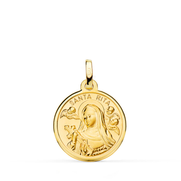 Medalla religiosa de Santa Rita en oro amarillo de 18 quilates, 18 mm de diámetro, con borde de filo pulido brillante y relieve central detallado de la Santa.