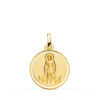 Medalla religiosa de San Lázaro en oro amarillo de 18K, 18 mm de diámetro, con centro matizado satinado y borde exterior biselado brillante.