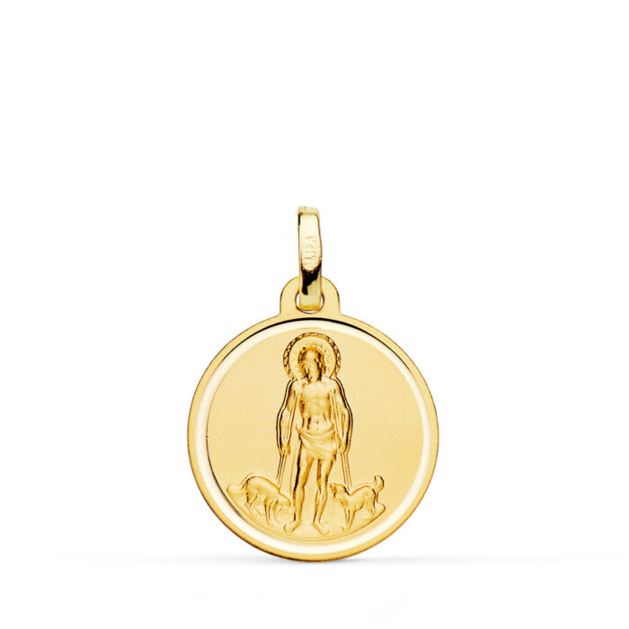 Medalla religiosa de San Lázaro en oro amarillo de 18K, 18 mm de diámetro, con centro matizado satinado y borde exterior biselado brillante.
