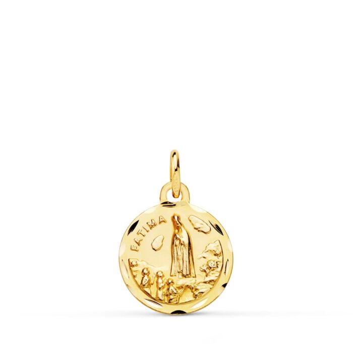 Medalla circular de la Virgen de Fátima en oro amarillo de 18 quilates con borde tallado y relieve detallado, 12 mm.