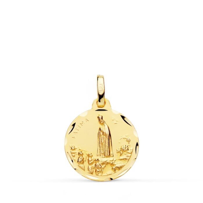Medalla de la Virgen de Fátima de 16 mm en oro amarillo de 18 quilates, con relieve central y bisel exterior tallado con acabado brillante.