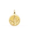 Medalla redonda de la Virgen de Fátima en oro amarillo de 18 quilates, 18 mm de diámetro, con relieve detallado y acabado pulido brillante.