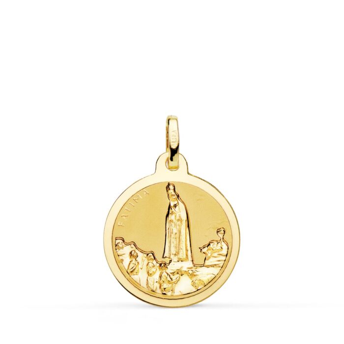 Medalla redonda de la Virgen de Fátima en oro amarillo de 18 quilates, 18 mm de diámetro, con relieve detallado y acabado pulido brillante.