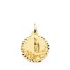 Medalla de la Virgen de Fátima de 18 mm en oro amarillo de 18 quilates, con borde exterior de talla cruzada brillante y relieve detallado.
