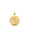 Medalla redonda de San Miguel Arcángel en oro amarillo de 18 quilates, 16 mm, con figura central matizada y borde exterior pulido brillante.