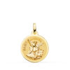 Medalla de San Miguel Arcángel de 16 mm en oro amarillo de 18 quilates, con centro matizado y borde exterior en brillo pulido.