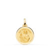 Medalla pequeña de San Judas Tadeo en oro amarillo de 18 quilates, 16 mm de diámetro, con bisel exterior liso y reverso plano para personalización.