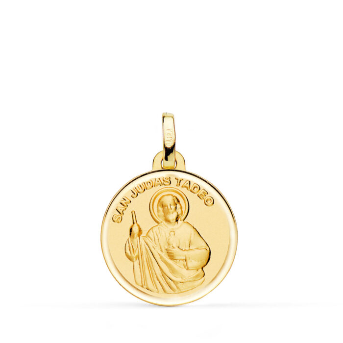 Medalla de San Judas Tadeo en oro amarillo de 18 quilates, 18 mm de diámetro, con bisel exterior liso y reverso plano para grabado.