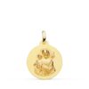 Medalla de San José y el Niño Jesús de 18 mm en oro amarillo de 18 quilates con fondo mate satinado y bisel exterior liso brillante.