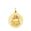 Medalla de San José y el Niño Jesús de 22 mm en oro amarillo de 18 quilates con fondo mate satinado y bisel exterior liso pulido.