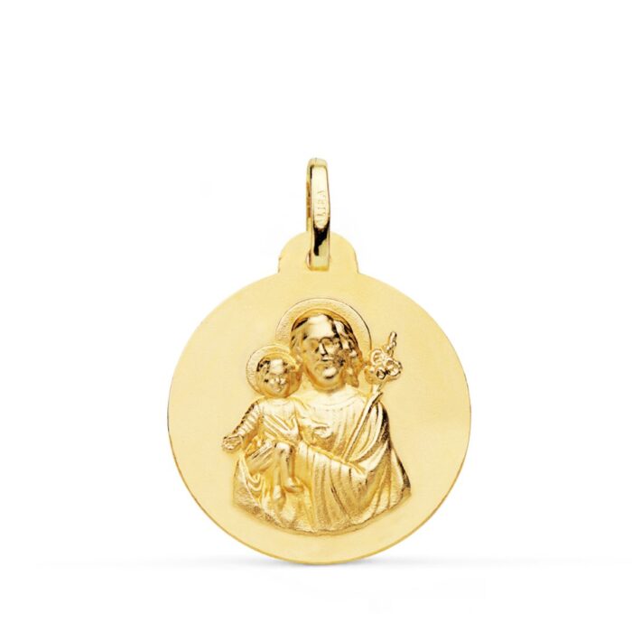 Medalla de San José y el Niño Jesús de 22 mm en oro amarillo de 18 quilates con fondo mate satinado y bisel exterior liso pulido.