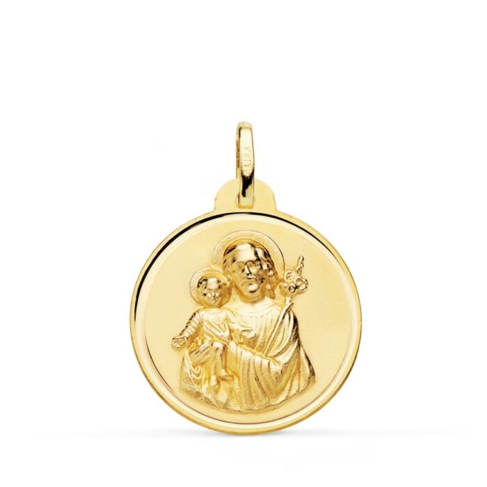Medalla grande de San José y el Niño Jesús de 24 mm en oro amarillo de 18 quilates con bisel exterior pulido brillante.