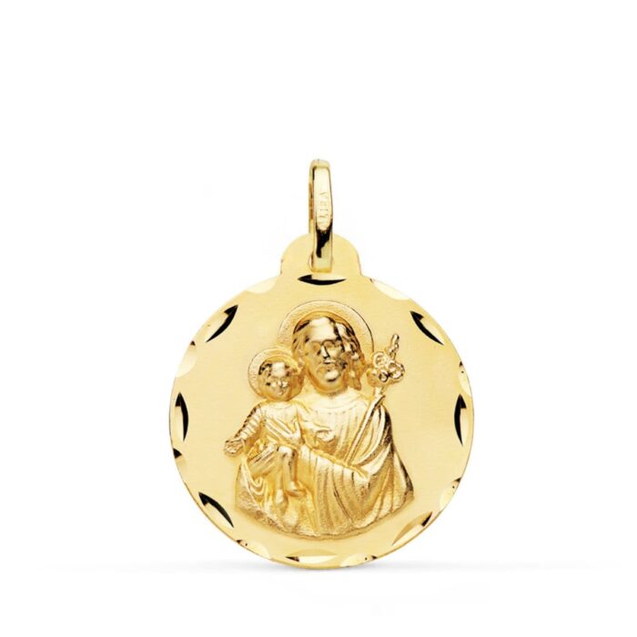 Medalla grande de San José y el Niño Jesús de 22 mm en oro amarillo de 18 quilates con borde exterior tallado de alto brillo.