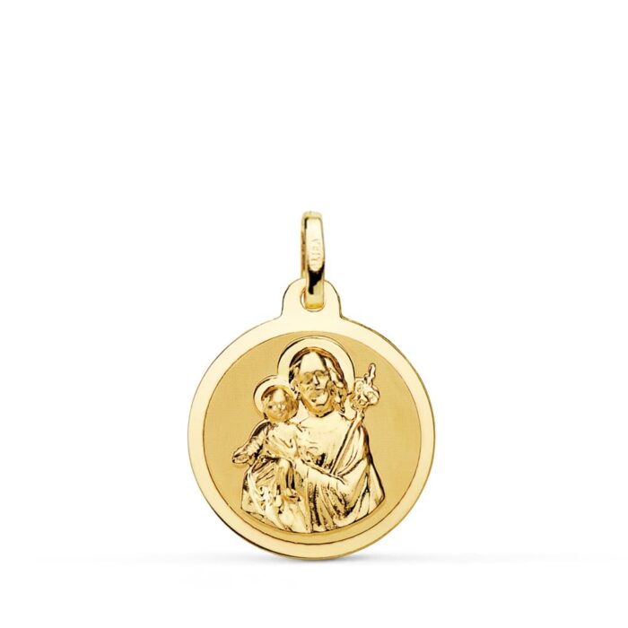 Medalla redonda de San José y el Niño Jesús en oro amarillo de 18 quilates, 18 mm de diámetro, con acabado pulido brillante.