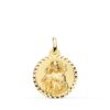 Medalla de San José con el Niño Jesús en oro amarillo de 18 quilates, 18 mm de diámetro, con borde exterior de talla cruzada brillante.