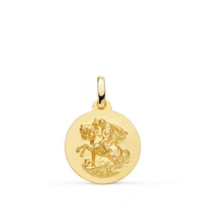 Medalla pequeña de San Jorge y el dragón de 16 mm en oro amarillo de 18 quilates con fondo mate y bisel exterior liso pulido.