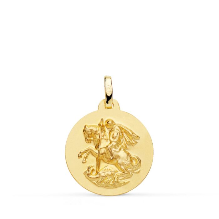 Medalla circular de San Jorge y el dragón de 18 mm en oro amarillo de 18 quilates con fondo mate y bisel exterior liso brillante.