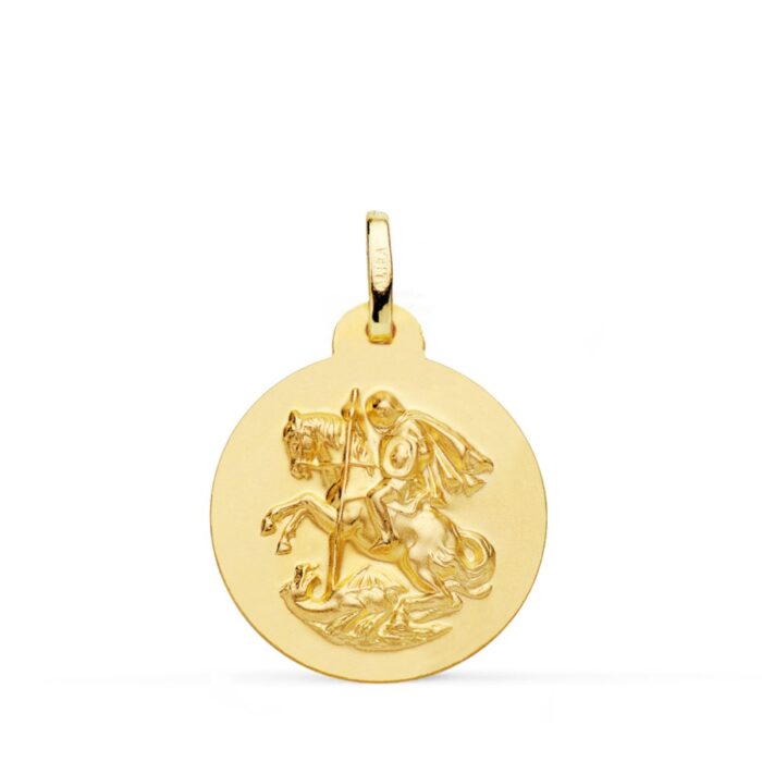Medalla circular de San Jorge de 20 mm en oro amarillo de 18 quilates con fondo de relieve matizado y bisel exterior liso pulido.