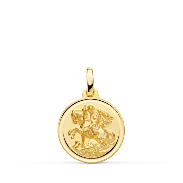 Medalla pequeña de San Jorge y el dragón de 16 mm en oro amarillo de 18 quilates con bisel exterior liso y brillante.