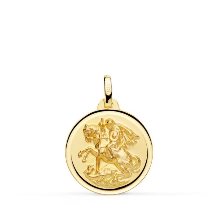 Medalla de San Jorge y el dragón de 18 mm en oro amarillo de 18 quilates con bisel exterior liso y acabado pulido.