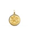 Medalla de San Jorge y el dragón de 18 mm en oro amarillo de 18 quilates con cerco tallado en forma de hélice brillante.